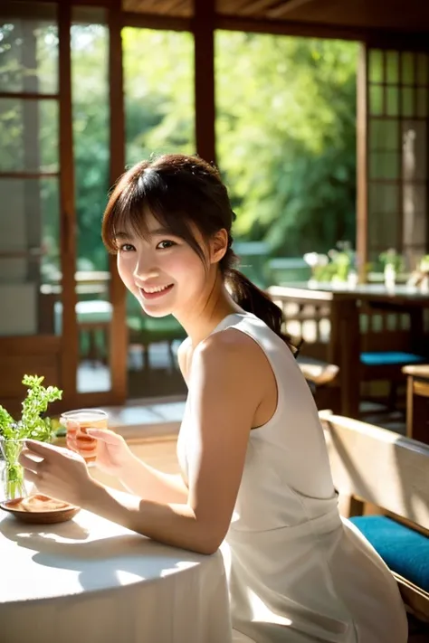 High resolution, masterpiece, Anatomically correct, High detail, High-resolution model, At an open cafe in the forest、Beautiful Japanese woman relaxing alone, Bangs, Low ponytail, Braided Ponytail, Smiling comfortably, An elegant white sleeveless dress。A d...