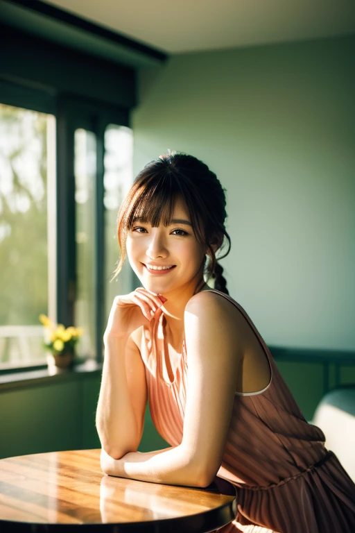 High resolution, masterpiece, Anatomically correct, High detail, High-resolution model, 森の中のOpen Cafeで、Beautiful Japanese woman relaxing alone, Bangs, Low ponytail, Braided Ponytail, Smiling comfortably, An elegant white sleeveless dress, A dress made of t...