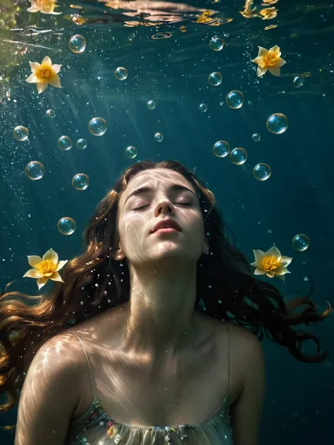 underwater,eyes closed,loose hair,some petals and leaves float on the water surface,
light leaks,many bubbles underwater,
extrem...