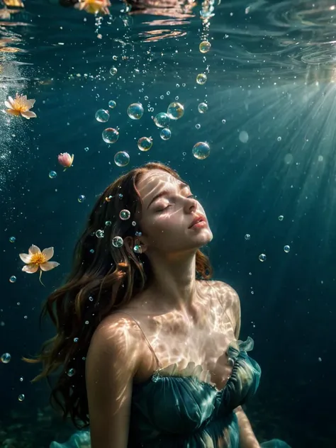 underwater,eyes closed,loose hair,some petals and leaves float on the water surface,
light leaks,many bubbles underwater,
extrem...