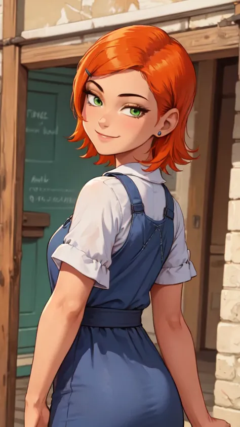 1 girl,(solo), (masterpiece:1.2), (high quality:1.0),looking at viewer, (ultra detailed),smile,short orange hair, green eyes, Gwen Tennyson, peasant dress, (front view) thick body