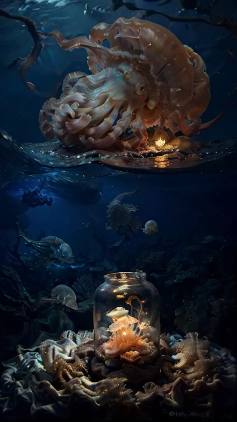 close up, realistic photo of the deep sea, underwater, night time, moonlight, (glowing jellyfish:1.1), phosphorescent, (masterpi...