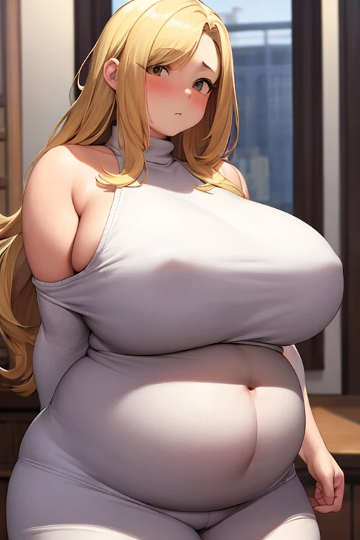 ((best quality)), ((masterpiece)), (detailed), 1 woman, off shoulder sweater,blonde hair,fat,Fattening,big belly,busty,thick arms,thick thighs,좀더 Fattening,더 fat,훨씬 더 fat,좀더 big belly,much fatter and obese,fatter and fatter