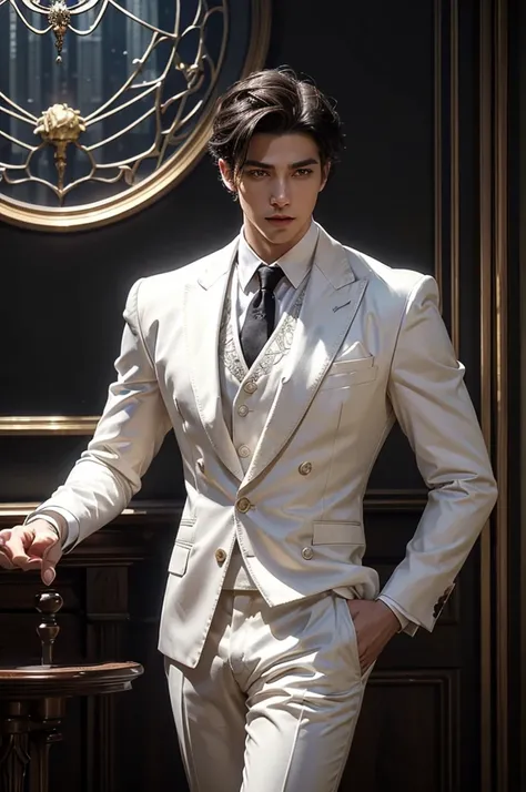 front view, male suit standing, gentleman, white suit, spider costume, spider legs, spider web, Handsome man, fantasy cloth, short black hair, Intricate details, elegant design, ornate cosplay, hyper realistic face, muscle abs, thick thighs, slim waist, ho...