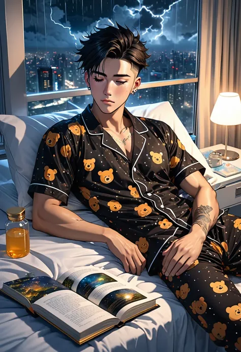 handsome 25 year old anime male, sleeping atop his hospital bed/handsome male, face piercings, scars, short spiked black undercu...