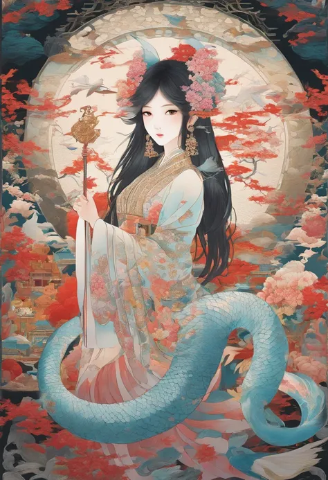 ultra-realistic image, white colors, HD image, Mythology, dynamic poses, Chinese Woman, human, long black hair, (mermaid), (snake tail), scales texture, bright lighting, the image is sharp, meticulous details, Chinese painting style, Shui Mo Hua, Thangka S...