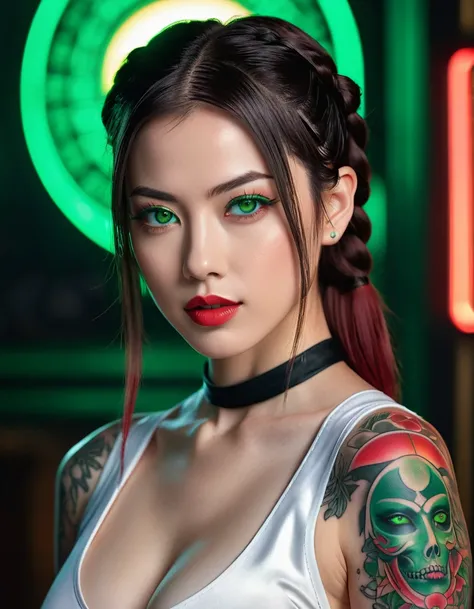 portrait photo of a gorgeous young woman, beautiful face Japanese girls, still from the film, ((solo)), (Anne Hathaway look alike face: 0.6), Rocker Nun, tattoos, crimson lips, white skin, pigtail hair, muscle body, (green glowing shiny eyes), dynamic back...