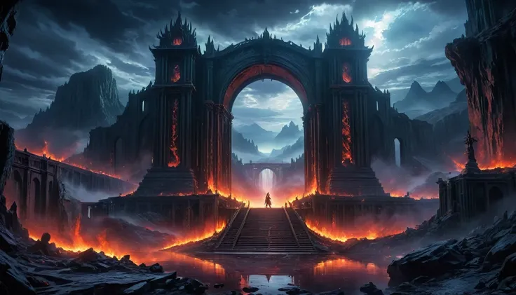 (anime, fantasy, hell gate), (masterpiece, best quality, highres, HDR:1.2), hellish world, ominous atmosphere, underworld, haunting and mesmerizing, horrifyingly enchanting, ethereal beauty, unsettling, underworld, general shot, ethereal light, fantastical...