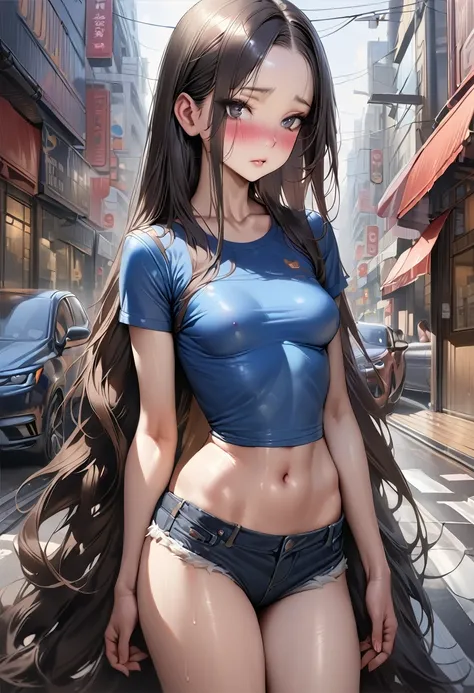 (((masterpiece,Highest quality:1.3,best quality illustration))),realistic,cowboy shot,独奏,1woman,(18 year old beauty),((very small head:1.3)),black hair,long hair,forehead,center parted bangs,black eyes,gorgeous big eyes,blush,((very long body,skinny)),medi...