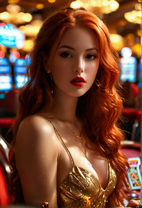 ultra realistic, photography, long red hair, girl, 24 years old, hourglass figure, perfect body, Flirty look, medium natural breasts, extremely detailed artgerm, in the style artgerm, blur background, at a casino, at the black jack table, playing cards, sh...