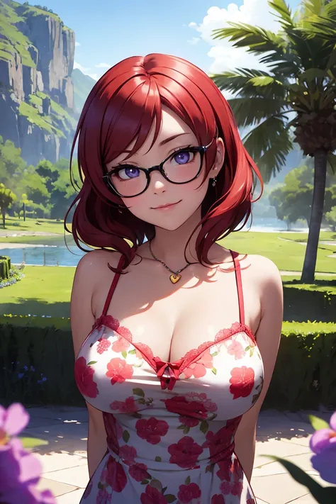 (Masterpiece, Best Quality, High Quality),Nishikino maki, Red hair, purple eyes, glasses, volumetric lighting, illustration, beautiful, upper body, (camisole:1.1), floral print, big breasts, looking to the side, confident, seductive smile, (arms behind bac...