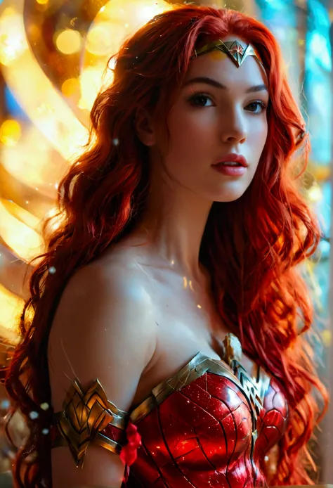 ultra realistic, photography, long red hair, girl, 24 years old, hourglass figure, perfect body, Flirty look, medium natural breasts, extremely detailed artgerm, in the style artgerm, blur background, at a costume party, wonder woman costume, wonder woman ...