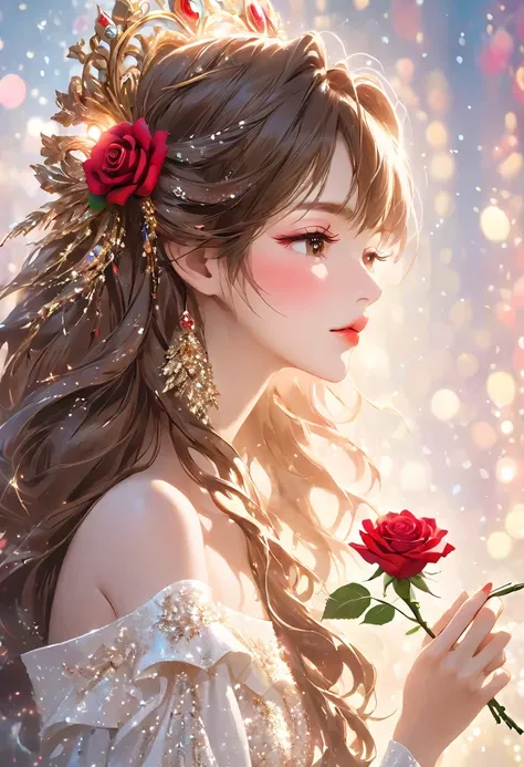 close-up of the profile of a beautiful girl with long brown hair, closing her eyelids, not opening her eyes, holding a red rose ...