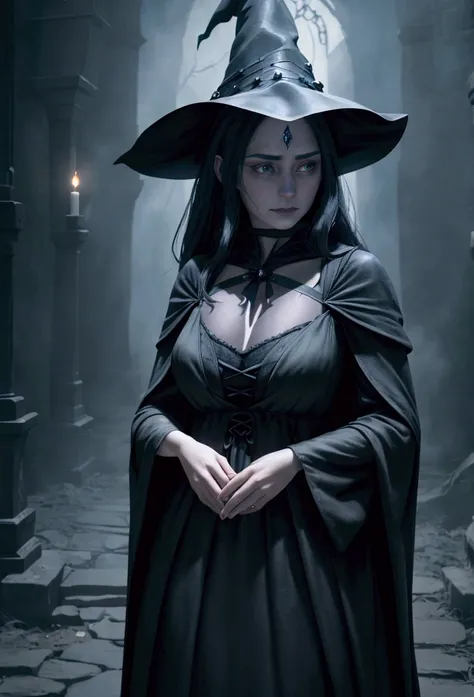 a girl in a medieval environment, witch dress, long black dress, witch hat, blue aura radiating from her body, (best quality,4k,8k,highres,masterpiece:1.2),ultra-detailed,(realistic,photorealistic,photo-realistic:1.37),1girl,portrait,fantasy,magic,dark fan...