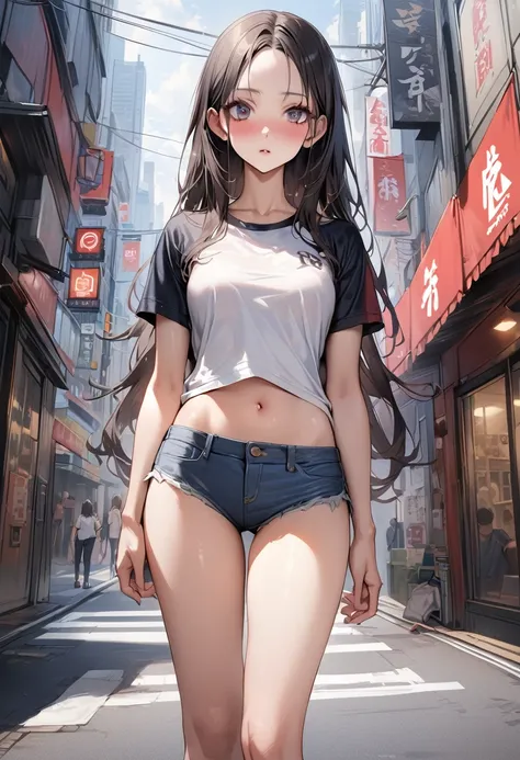 ((masterpiece,Highest quality:1.3,best quality illustration)),realistic,cowboy shot,独奏,1woman,(18 year old beauty),((very small head:1.3)),black hair,long hair,forehead,center parted bangs,black eyes,gorgeous big eyes,blush,((very long body,skinny)),(Baseb...