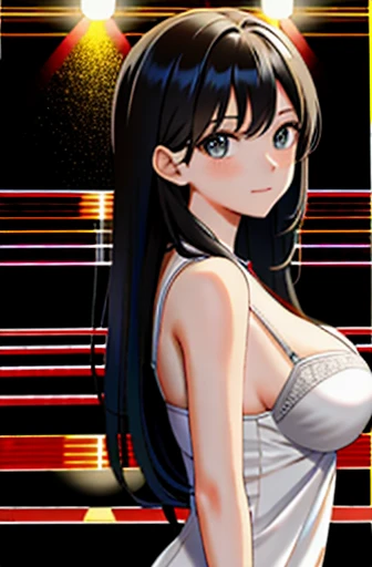 (masterpiece), Highest quality, High resolution, Very detailed, Detailed Background, Cinema Lighting, Outdoor, 1 girl, Medium Hair, Black Hair, Large Breasts,long hair 