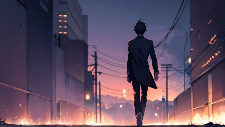  An anime boy walking alone on a deserted, dimly lit road at night, surrounded by shadows and mist.