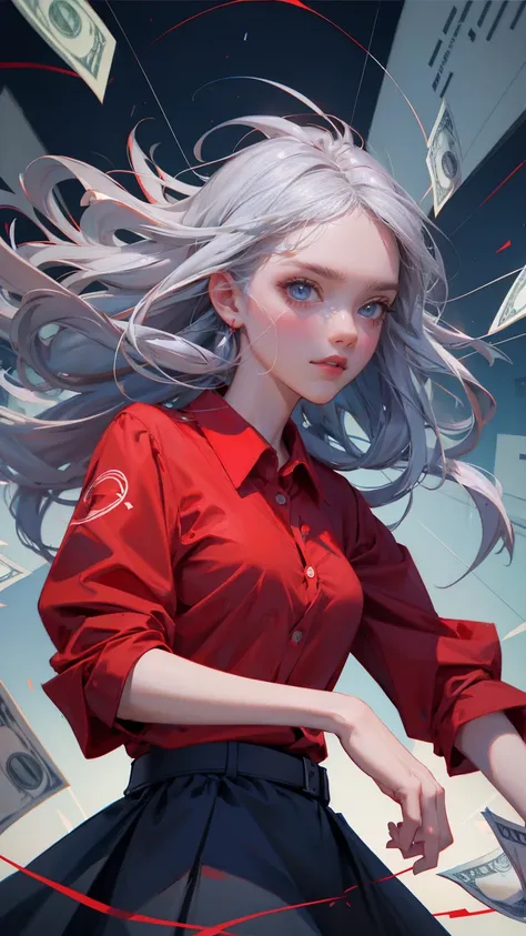 girl screaming in pain, shocking expression with big eyes, wearing red shirt and grey hair looking at trading chart showing blue up arrow going towards the sky, surrounded by money flying around her , 