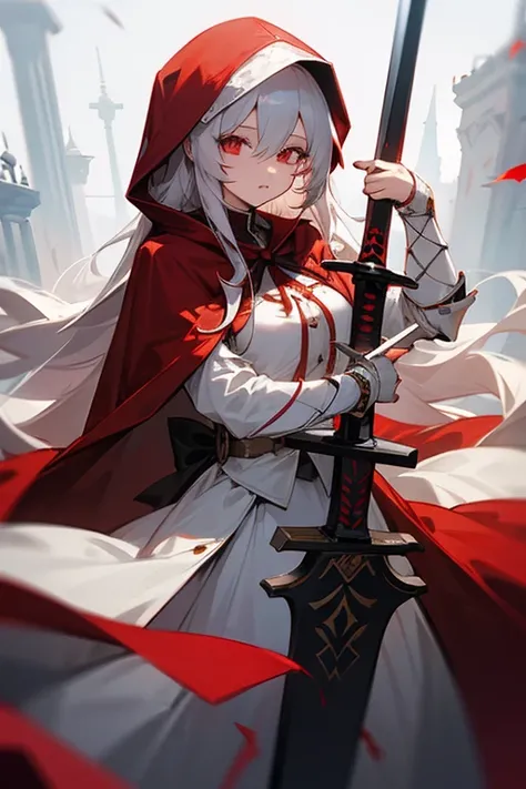 1 long-haired albino female knight, Wearing a red hood、Long Sword、Beauty、Rin々Successfully、