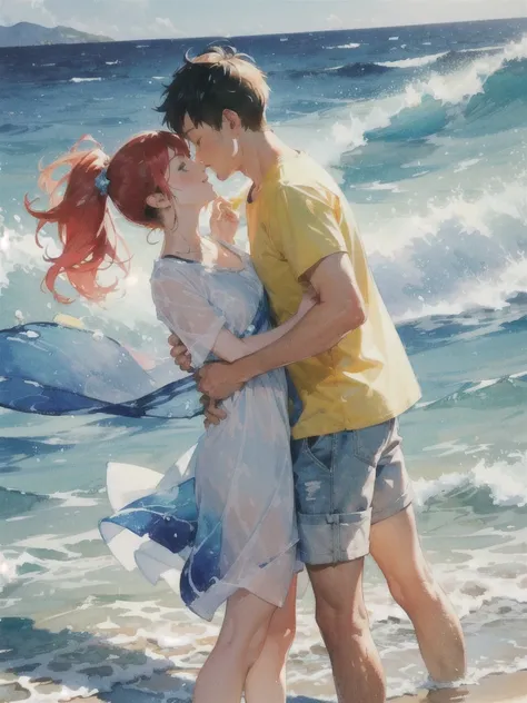 (1 couple:1.5),seaside,many,watercolor,fish,Water Waves,Water Splash,birch,Fast fingers interlocked,Look at each other,Rich gradients,extreme colors,extreme details,Clear light perception, rich and colorful,Elegant atmosphere