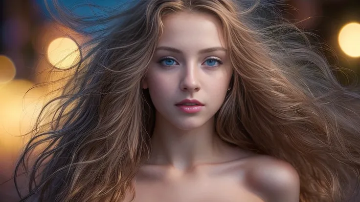 Natasha Udovenko hazel hair teen girl,19 years old,  (naked, nude:1.8), (long, messy hair, hair floating in the wind:1.6), blue eyes, detailed eyes, detailed lips, (lies nude, sensual, full body:1.5), (photo from low angles:1.5), low neck, ray tracing, (be...