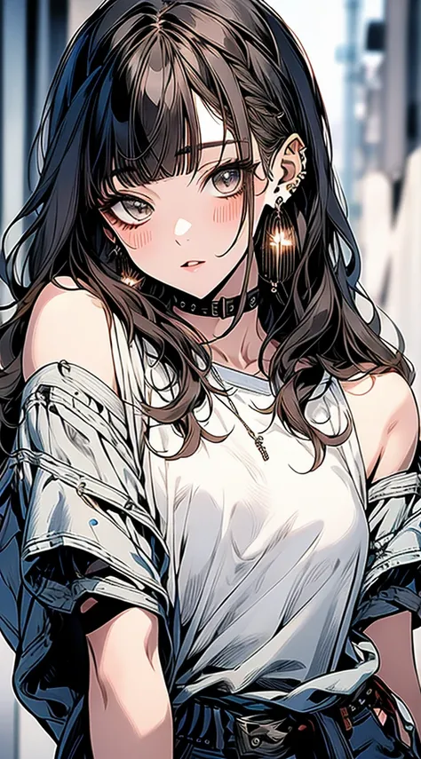 masterpiece, Highest quality, Pixiv, Cool girl, lots of Earrings, Earrings, Dark brown hair, Curly Hair, Blunt bangs, Straight bangs, Grey Eyes, White skin, Gal, Improve