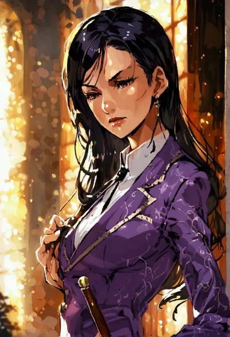 （Black long hair)，Simple and capable，((purple suit))，30-year-old female，Mature，teacher，Holding a teaching stick in hand，Illustration style