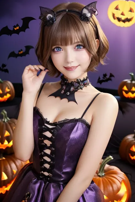 (upper body photo,a 22 year old girl, detailed cutie face, beautiful detailed eyes, detailed dropped eyes, beautiful charming smile, extremely detailed face,short hair,anime style, halloween party:2.0), colorful lights, pumpkin decorations, haunted house, ...