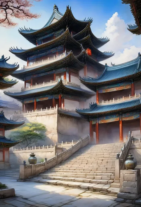 There is a wide stone staircase in the middle of the courtyard, Beautiful rendering of the Tang Dynasty, Han Dynasty Architecture,Real building structure，Two-story building， ancient Chinese Architecture,Ancient Chinese Castle, Chinese Palace, Chinese Archi...