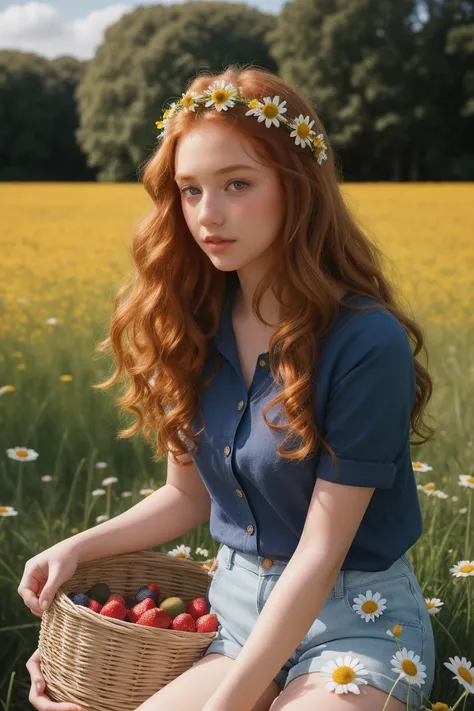 (girl:1.2),alone, (long ginger curly hair:1.1), brown eyes, Wearing a daisy wreath on your head, Sit in a daisy field, (fruit basket:1.1), blue shorts, red shirt,,raw,photographic,photo shadows,actual,Ridiculous,Aesthetic,elegant
