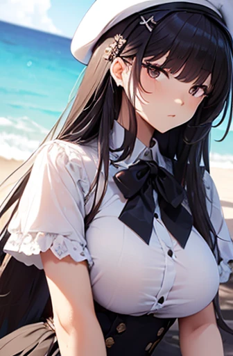 (masterpiece:1.3), (最high quality:1.3), (ultra-detailed), (high quality:1.3), (High resolution), beautiful_detailed_face, One girl, alone, beret, Black Hair, Straight long hair, Hair Clip, Large Breasts, White collared shirt, Black underbust, White long sk...