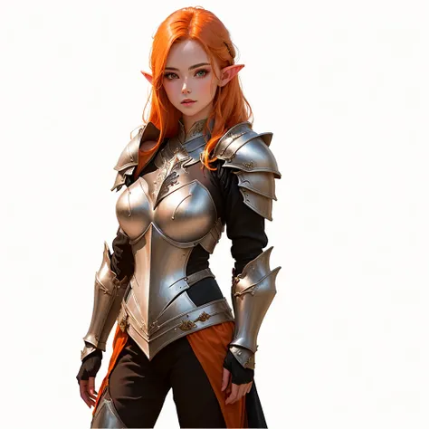 a close up of a woman with orange hair and a costume, armor girl, very stylish fantasy armor, female armor, wearing fantasy armor, elven armor, very beautiful elven top model, fantasy armor, scandelous fantasy armor, white and orange breastplate, girl in k...