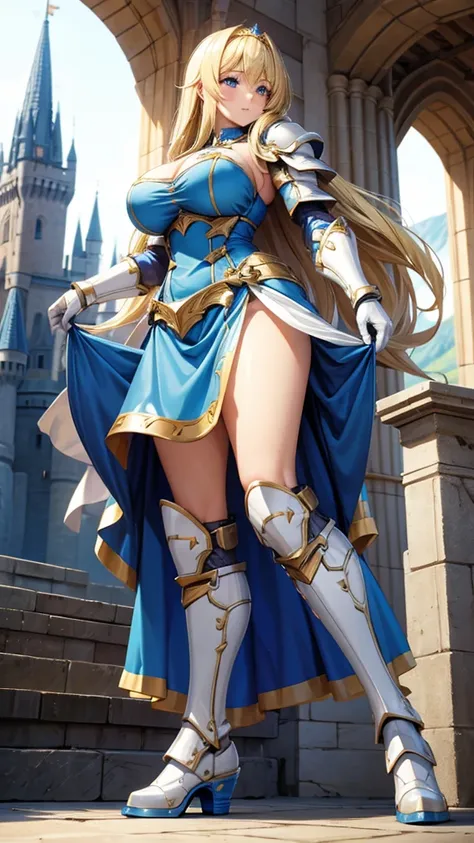 Blonde with huge breasts，Queen，white knight armor，Blue dress，Bare legs，iron boots，Standing,castle