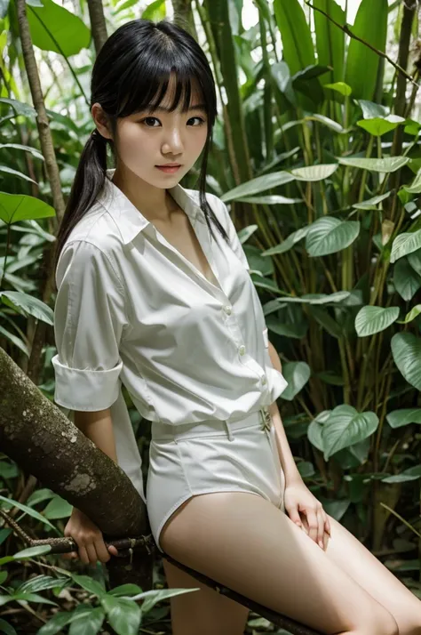 Japanese white skin girl 17 years old wearing glass and posing in jungle 