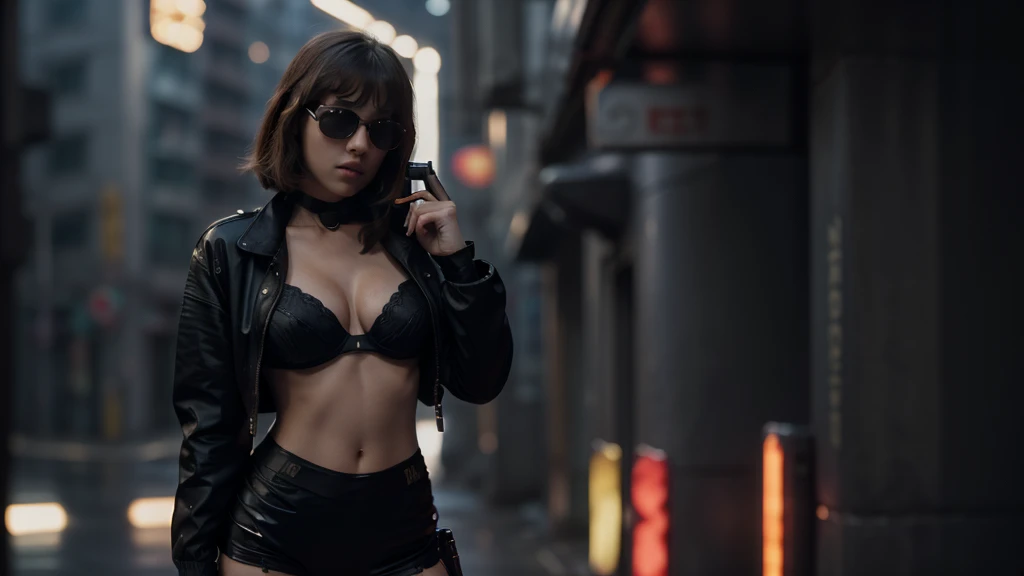 Blade Runner style futuristic city street, at night. (((1girl, solo, alone))), large-breast:1.3 slim:0.8 body, medium hair, cleavage:1.1, sexy micro laced lingerie with jacket, (black sunglasses), (((she raised a pistol:1.8 and shot the viewer))), standing...