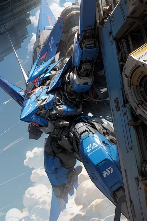 A giant blue robot is flying in the sky