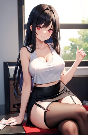 game , Nikke, the goddess of victory, Neat , Black Hair,  Captivating eyes ,Beautiful Face , Crystal red eyes ,  Long Hair, ((White tank top:1.2)), Spaghetti strings, Cleavage, Black underwear,((Black Pencil Skirt:1.2)) garter belt, Thigh Hose, G-cup breas...