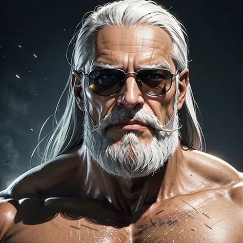 Old man, JP, a very handsome old man, with sunglasses, with long gray hair, massively muscular, with massively large muscles, wearing an orange shirt, seen up close, thick gray beard, tanned skin, brown skin color, dark olive skin color, large nose, hook n...