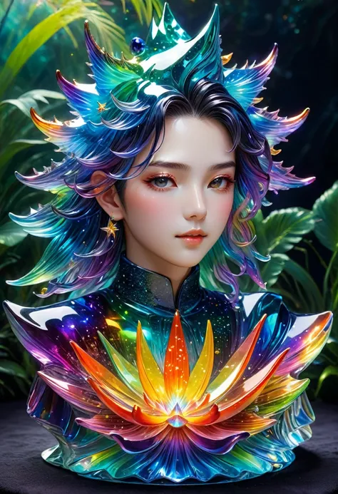 A detailed and vibrant portrait of glasssculpture, alisabcnv  in a fantastical landscape with vibrant colors and intricate details, rendered in an art style that mixes realism with elements of surrealism, done by artists such as Ruan Jia and Yoshitaka Aman...