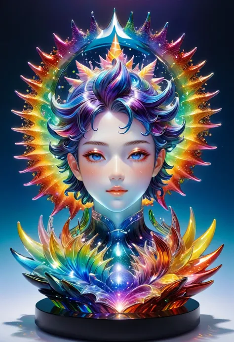 A detailed and vibrant portrait of glasssculpture, alisabcnv  in a fantastical landscape with vibrant colors and intricate details, rendered in an art style that mixes realism with elements of surrealism, done by artists such as Ruan Jia and Yoshitaka Aman...