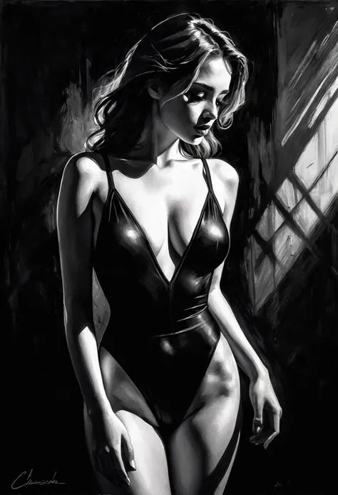 girl, alone, eroticism, sexy, black and white image, between shadows, oil painting, chiaroscuro, sensual, dramatic lighting, moody atmosphere, photorealistic, intricate details, masterpiece, ultra-detailed, high quality, 8k, best quality, realistic, cinema...