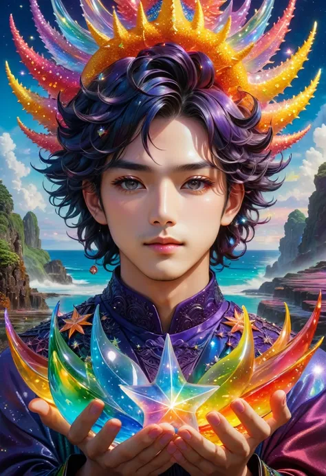 A detailed and vibrant portrait of glasssculpture, alisabcnv  in a fantastical landscape with vibrant colors and intricate details, rendered in an art style that mixes realism with elements of surrealism, done by artists such as Ruan Jia and Yoshitaka Aman...