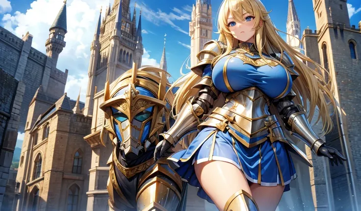 Blonde with huge breasts，Queen，Knight armor，blue skirt，thigh，,castle