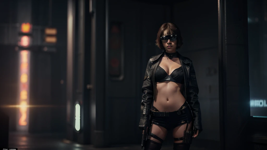 Blade Runner style futuristic city street, at night. (((1girl, solo, alone))), large-breast:1.3 slim:0.8 body, medium hair, cleavage:1.1, sexy micro laced lingerie with jacket, (black sunglasses), (((((she raised a pistol:1.8 and shot the viewer))))), stan...