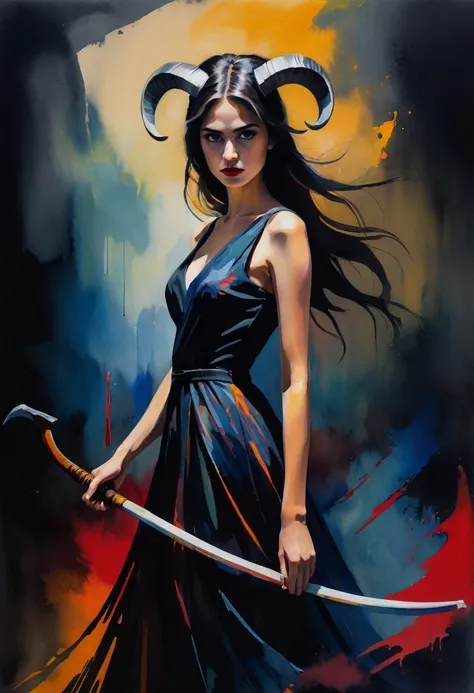 a girl with horns and a scythe in a designer dress, dark theme, paint drawing. The dark-themed image, which seems to be a mesmerizing picture, demonstrates the striking presence of a girl against a background of shadows and intrigue.  A mysterious narrativ...