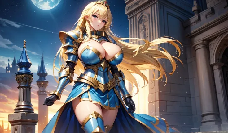 Blonde with huge breasts，Queen，Knight armor，blue skirt，thigh，,castle