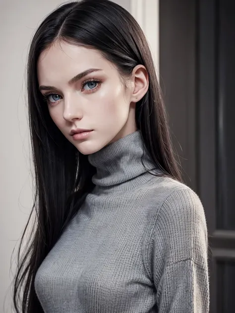 (best quality), 1girl, female, pale skin, (black hair), long hair, straight hair, grey eyes, perfect eyes, slender, tall, turtleneck sweater, stylish, elegant, serious, normal bust, masterpiece, anatomically correct, highres
