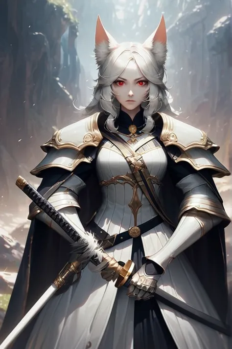 ((Лучшее качество)), ((шедевр)), (подробный), fox is a girl,adult,animal eyes,fox ears on her head,with long white hair, a lock of hair is black on the left side, to the waist, red eyes, , stands tall, furious gaze,dressed like a king,heavy armor, two-hand...