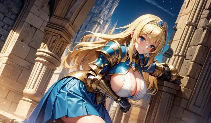 Blonde with huge breasts，Queen，Knight armor，blue skirt，thigh，,castle