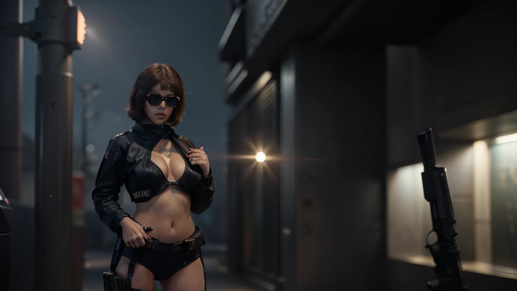 Blade Runner style futuristic city street, at night. (((1girl, solo, alone))), female assassin, large-breast:1.4 slim:0.8 body, medium hair, cleavage:1.1, sexy micro laced lingerie, (black sunglasses), (((((she raised a pistol:1.8 and shot the viewer))))),...